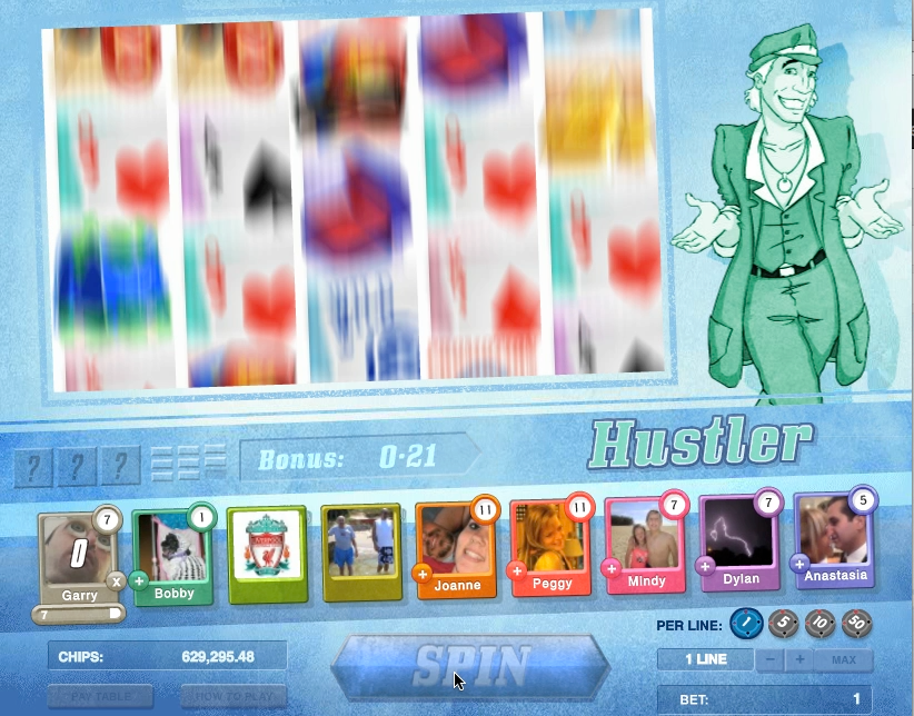 A colourful slots game showing reels and characters and player ranks